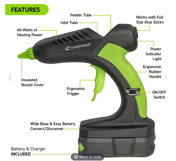 60 Watt Cordless Professional Heavy Duty Hot Melt Glue Gun Kit-Full Size-18V Lithium-Ion Battery & Charger Included