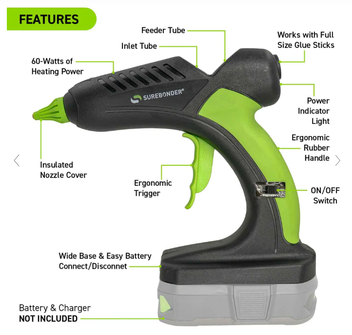 60 Watt 18 Volt Cordless Professional Heavy Duty Full Size Hot Melt Glue Gun - Battery NOT Included